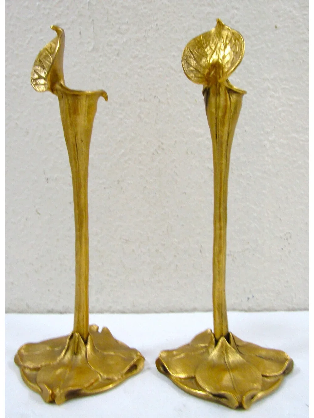 Pair Art Nouveau German Cast Brass Calla Lily Candlesticks attr. Richard Müller